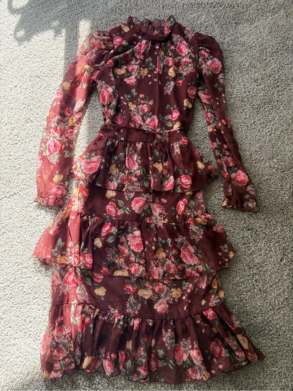 Floral Ruffle Tiered Long-Sleeve Dress in Wine Floral